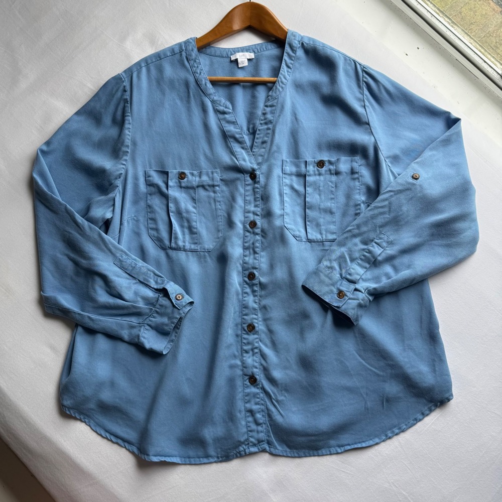 J. Jill Blue Blouse 2X Tencel Lyocell Roll Tab Sleeve Button Down Office Party
